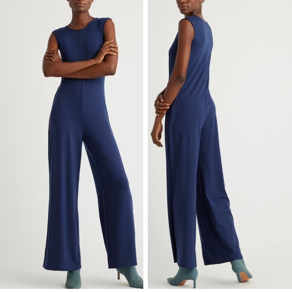 Quince tencel jersey tank jumpsuit in navy size L wide leg